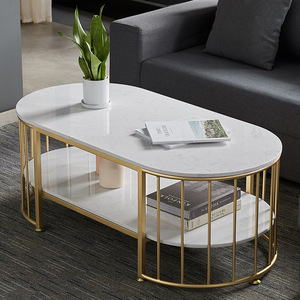 Contemporary Two-Tiered Sofa Table with Stone Top and Bronze <b>Frame</b> Living Room Furniture-TT68187 - Product Image 3