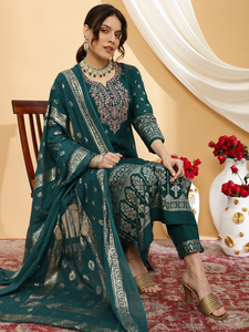 Traditional Indian Designer Rayon Fabric Embroidered Rama Kurtis Women's Latest <b>Three</b> Piece Ethnic Wear A-Line <b>Three</b> Quarter - Product Image 5