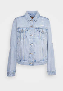New Indigo Destructed <b>Women's</b> Trucker Denim <b>Jacket</b> Chest Pockets & Button Fastening Designed For <b>Women</b> For All Seasons Comfort - Product Image 6