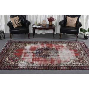 Tapis en laine rouge beige vintage de 6x9.5 pieds, fait à la main, grande zone turque, patchwork abstrait couloir 10mm couloirs en latex - Product Image 3