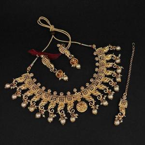 ชุดสร้อยคอหินออสเตรียสีทอง kriaa ชุดเครื่องประดับ1107990A ชุบทอง Maang Tikka - Product Image 1