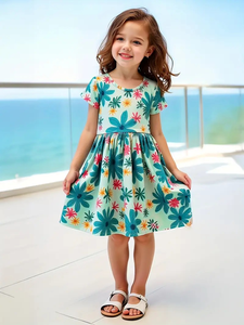 Robe de plage imprimé tropical pour filles tenue de vacances d'été avec jupe évasée fête d'anniversaire bleue activités de plein air pour les filles - Product Image 6