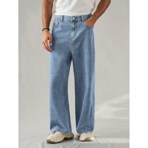 Jean en denim tendance pour homme, bleu glace, coupe droite, style vintage, écologique, respirant, coupe ample, grande taille, taille mi-haute, pantalon 28 - Product Image 5