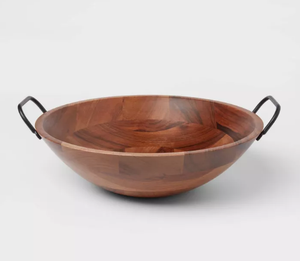 Bol de service rond en bois de grande capacité en laiton AK de couleur noyer avec poignées en métal pour ornements de vaisselle/hotelware - Product Image 1