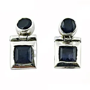 Women's Silver Plated <b>Sapphire</b> Stud <b>Earrings</b> Geometric Bezel Setting Classic Jewelry - Product Image 1
