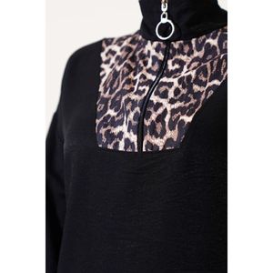 Ensemble 2 pièces léopard à demi-fermeture éclair sur le devant, noir - Product Image 1