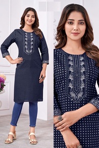 Reyon Weaving Foil Gold Print Kurtis con bordado y trabajo de secuencia - Product Image 2