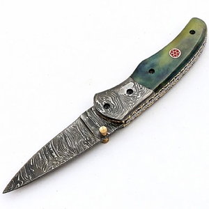 Customizable Damascus Folding Pocket Knife <b>Belt</b> Holster <b>Leather</b> <b>Pouch</b> Wood Handle OEM Display Logo Printed Folding Knives - Product Image 1