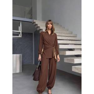 Mybeefashion Women's Brown Belted Two-Piece Set with Long Sleeve Shirt and Full Length <b>Trousers</b> for Casual Wear - Product Image 1