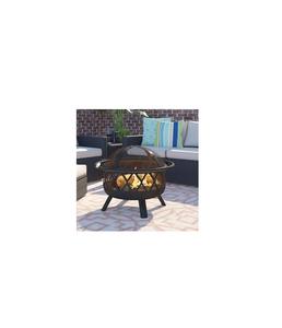 Round iron <b>fire</b> pit with mesh cover and <b>poker</b> tool <b>set</b> for convenient safe outdoor burning and warmth - Product Image 2