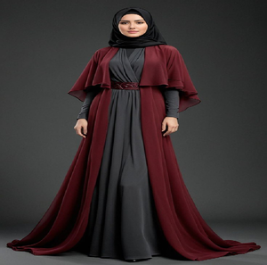 Dark <b>charcoal</b> grey dress layered with a flowing burgundy cape and a matching embellished waist belt. - Product Image 1