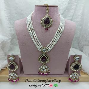 Latest Arrival Classic <b>Antique</b> <b>Gold</b> Plated Pearl Long Set with Green Stone Pendant for Women Wedding Engagement Party - Product Image 2