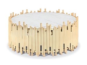 Mesa de centro moderna de vidrio templado con base de acero inoxidable cepillado dorado mejor última colección modal de alta calidad - Product Image 4