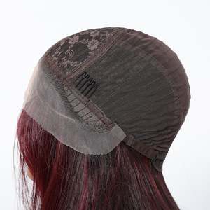 Perruque synthétique naturelle DWY avec longue vague bordeaux foncé, noire naturelle, tissée à la main, raie au milieu, dentelle transparente sur le devant - Product Image 6