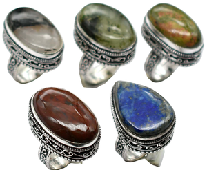 Anillos de latón macizo chapados en plata con ajuste de bisel de diseñador Vintage, joyería de moda de declaración de piedra Original surtida brillante en venta - Product Image 2