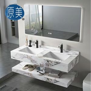 Ensemble d'armoires de salle de bain en marbre fritté de luxe 1200mm à double cuvette <span class=keywords><strong>sous</strong></span> plan évier Double couche vanité avec miroir intelligent - Product Image 4