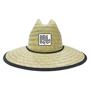 Custom Logo Lifeguard Straw Hat Under Brim Pvc Patch UV Protective Summer Large Shade Men Straw Hats