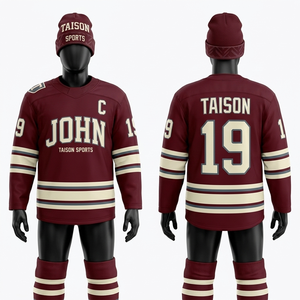 Maillot de hockey sur glace pour hommes, 260 GSM, maille en polyester de qualité supérieure, rouge, noir, crème, panneaux rayés, sublimation, nom et numéro personnalisés - Product Image 6