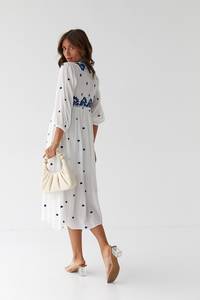 Robe longue blanche 100 % coton, coupe droite, ourlet évasé, broderie bleue, lavable, style décontracté ou habillé - Product Image 3
