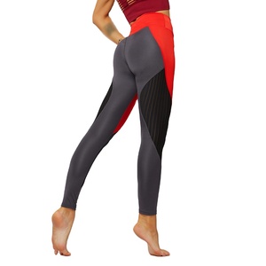 Leggings de yoga en maille pour femmes, pantalons de course à taille haute rouge et gris, pantalons d'entraînement sportifs respirants et extensibles - Product Image 4