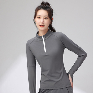 Alta calidad 180gsm 85% poliéster 15% Spandex Quarter Zip Thumb Loops Curvy Hem manga larga Active Tops Yoga Gym Shirt para mujeres - Product Image 4
