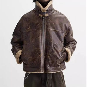 Veste en cuir pour homme respirante et chaude pour l'hiver, vêtements décontractés, veste en cuir marron double face, vintage, col rabattu - Product Image 1