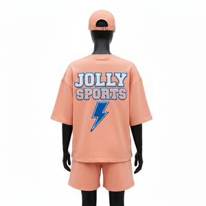 ชุดเสื้อและกางเกงขาสั้นผ้าฟลีซผสมคอตตอนพรีเมียมสำหรับผู้หญิง 280 GSM สีพีช พิมพ์ลายโลโก้ตามสั่ง เสื้อยืดและกางเกงขาสั้นผ้าฝ้าย 100% - Product Image 2