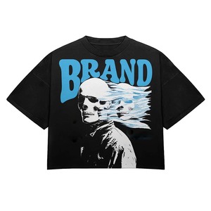 T-shirt court noir en jersey de coton pour femme, coupe oversize, respirant, avec imprimé crâne en relief et logo personnalisé DTG - Product Image 4