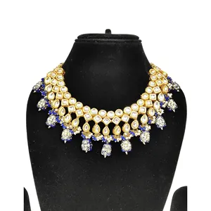 Blue Kundan <b>Studded</b> Three-Layer Necklace Set with Pear Cut Diamonds for Weddings - Product Image 2