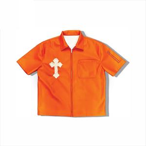 NOUVEAU Chemises en tissu de cuir de haute qualité pour hommes, broderie en détresse, logo personnalisé, chemises à manches courtes avec fermeture éclair pour hommes - Product Image 6