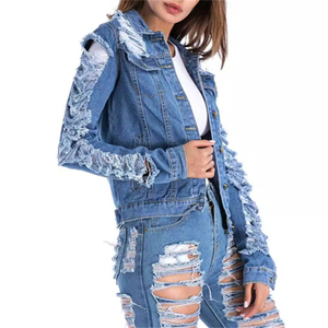 แจ็กเก็ตผ้ายีนส์ของผู้หญิงแฟชั่นลำลองแบบขาดออกแบบได้เองโลโก้ผ้าฝ้ายกันน้ำ - Product Image 4