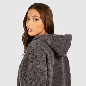 Unisex Quarter-Zip Pullover Sweatshirt Half Zipper Hooded Teddy Fleece Women Drop Shoulder Stylish Fleece <b>Hoodie</b> & Sweatshirt - Product Image 3
