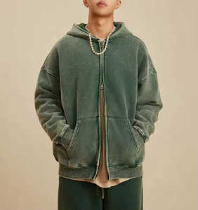 Custom Oversized <b>Zip</b> <b>Up</b> Hoodie for <b>Men</b> Streetwear Cotton Heavyweight Vintage Wash Sweatshirt - Product Image 1