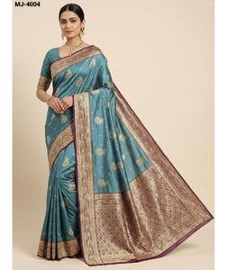 ชุดส่าหรีผ้าซาตินสวยงามสำหรับผู้หญิงรุ่นล่าสุด พร้อมเสื้อผ้าที่ทำจากผ้าเนื้อเรียบ ตกแต่งด้วยงานปักขอบด้วยด้ายซารี เหมาะสำหรับงานแต่งงาน - Product Image 1