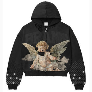 Custom Unisex Oversized Boxy Zip Hoodies <b>Jacket</b> with Distressed Zip up Hoodie Manufacturers Designer Acid Wash <b>Rhinestone</b> Hoodie - Product Image 1