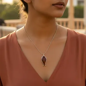 Collier pendentif poisson argenté vintage tendance pour femmes, chaîne à maillons, diamant, turquoise, pierre précieuse, motif en forme de cœur, bijoux en laiton - Product Image 2