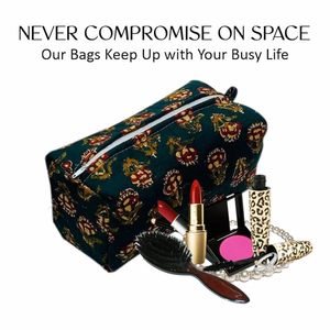 Estuche grande de algodón puro verde oscuro Floral con bloque de mano, bolsas multiusos para maquillaje cosmético, artículos esenciales de viaje - Product Image 3