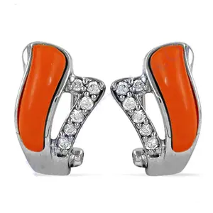 Boucles d'oreilles en argent pour femmes avec émail orange et cristaux de zircone cubique - Product Image 3