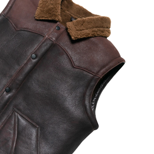 Gilet en cuir pour homme avec col en fourrure marron, sans manches, chaud pour l'hiver - Product Image 6