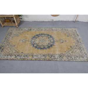 Tapis turc vintage jaune et bleu Patchwork Design laine et latex tissé à plat pour décor de salon 3.7 'X 6.9' - Product Image 3