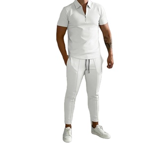 Conjuntos de dos piezas deportivos de verano 2024, camisa POLO de manga corta con cremallera para hombre, pantalones largos ajustados, traje informal diario para hombre - Product Image 1