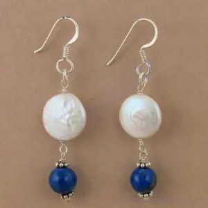 Boucles d'oreilles en argent 925 avec perle et lapis-lazuli, cadeau pour femme - Product Image 2