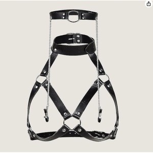 Ensemble de jeu de rôle sensuel en cuir noir : collier de cou, pinces à tétons, corset et bustier - Product Image 6