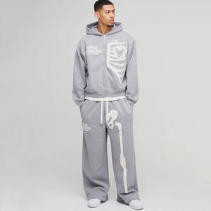 Custom Oversized Boxy <b>Skeleton</b> Puff Print Zip Through Hooded Tracksuit Set Hoodie Sweatpants Jogger Cargo Pant Contrast Stitch - Product Image 1
