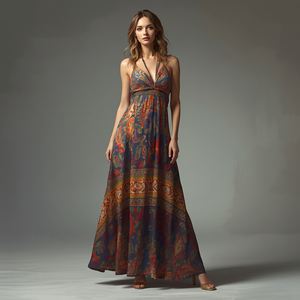 Robe longue tissée décontractée à imprimé numérique, élégante, pour femme, avec personnalisation OEM ODM - Product Image 5