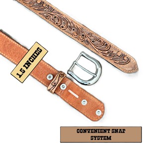 Handmade Cowboy Belt for <b>Men</b> Western Style Embossed Genuine Leather with Removable Tooled for Buckle - Product Image 5