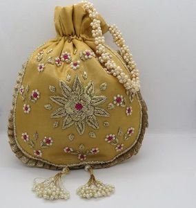 2024 Beautiful Fashion-Style <b>Raw</b> Silk Potli Bags Zari Embroidery & <b>Crystal</b> Glass Beads Stone Work Elegant Evening Wedding-Wear - Product Image 1