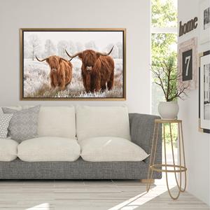 Highland Cow Canvas Print: Elegant Farmhouse Wall Art,GOLD <b>FRAMED</b> CANVAS - Product Image 1