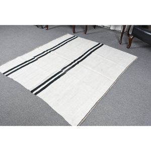 Tapis Moderne Blanc Noir en Laine 5.2X5.5 pieds Classique Style Turc Patchwork Design Rayé pour Adolescent Salon Couloir Latex - Product Image 3