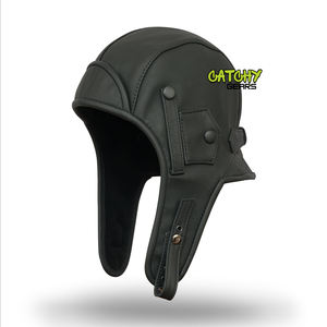 Classic Black <b>Leather</b> Aviator <b>Hat</b> with Ear Flaps & Adjustable Strap - Product Image 1